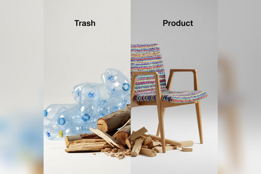 "Trash" on one side, "Product" on the other (e.g., plastic bottles turned into fabric, furniture from discarded wood).