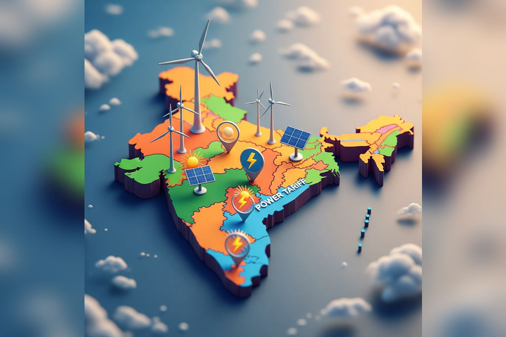 3D map of India with icons for wind, solar, and power tariffs