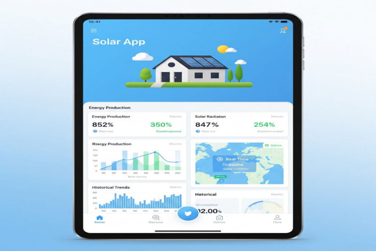 Tablet showing a solar energy monitoring app
