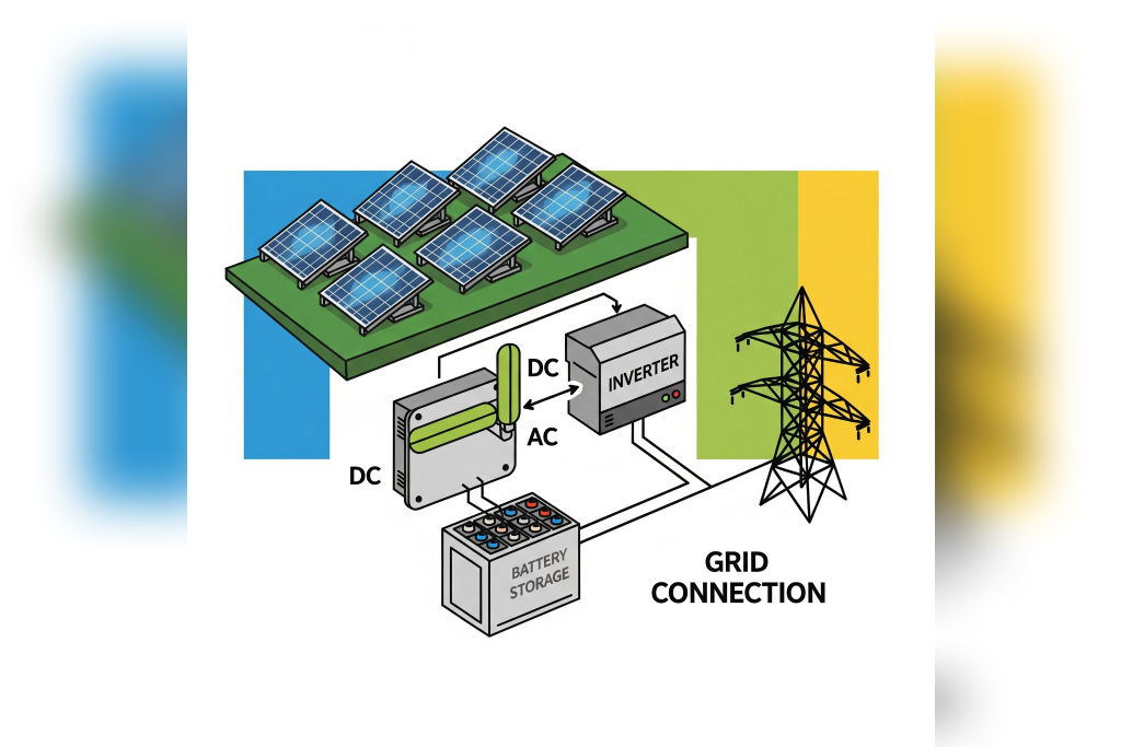 solar panels, battery, inverter, grid