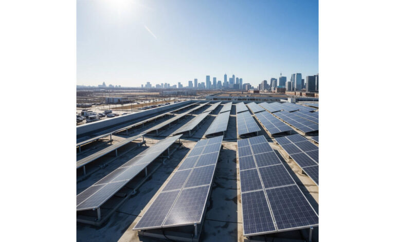 wide-angle rooftop shots with visible panels under sunlight