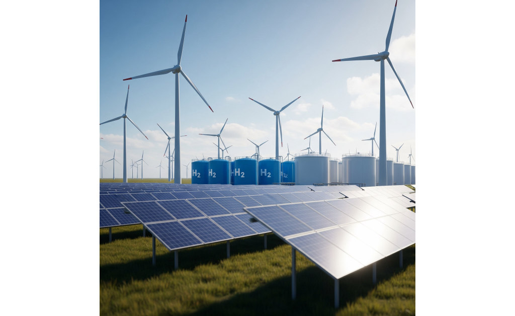wind turbines and solar panels with industrial hydrogen tanks.