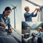 Women working on solar panels, wind turbines, and hydro power systems.