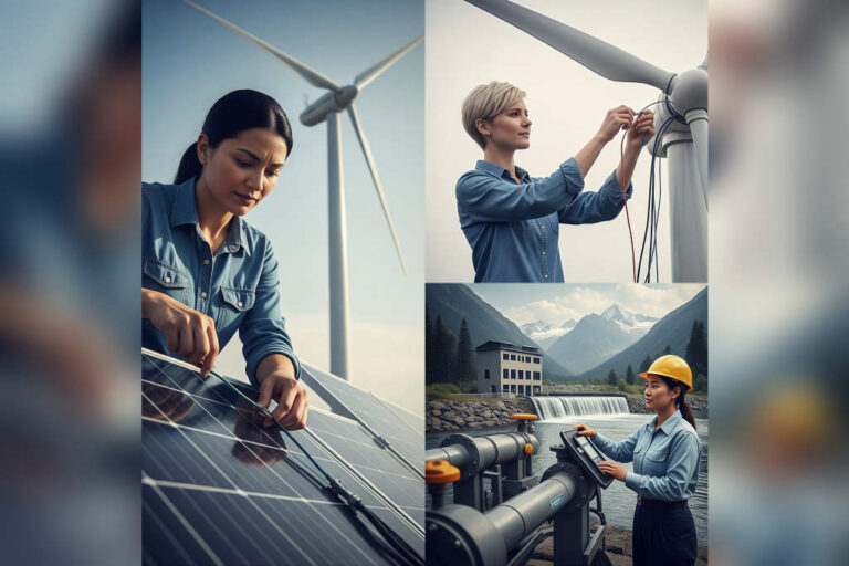 Women working on solar panels, wind turbines, and hydro power systems.